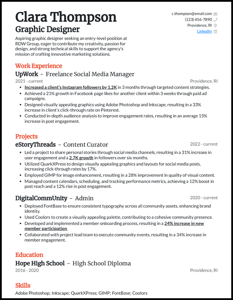 Beginner graphic designer resume example with social media management experience