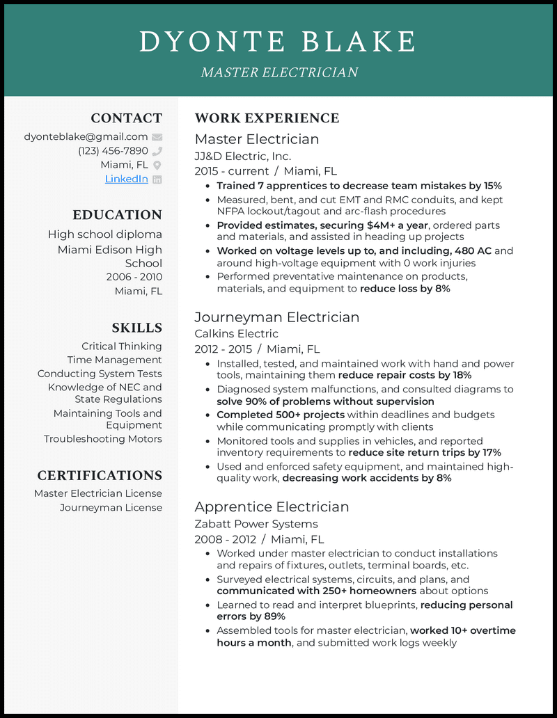 7 Electrician Resume Examples for 2024