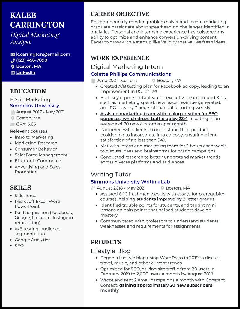 Entry-level digital marketing resume example with internship experience