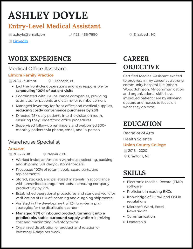 Entry-level medical assistant resume example with 5 years of experience