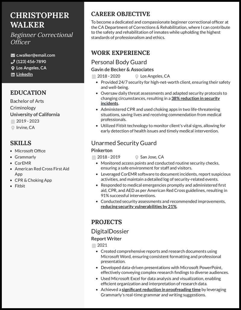 Correctional officer no experience resume example with personal bodyguard experience