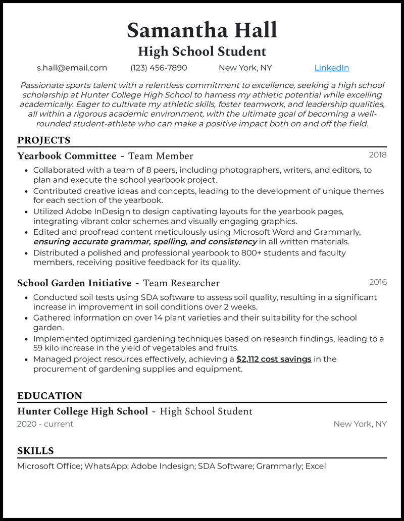 High school scholarship resume example with projects' experience