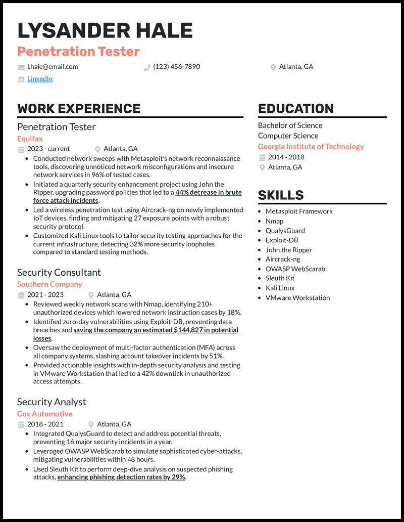 Penetration tester resume with security consulting experience