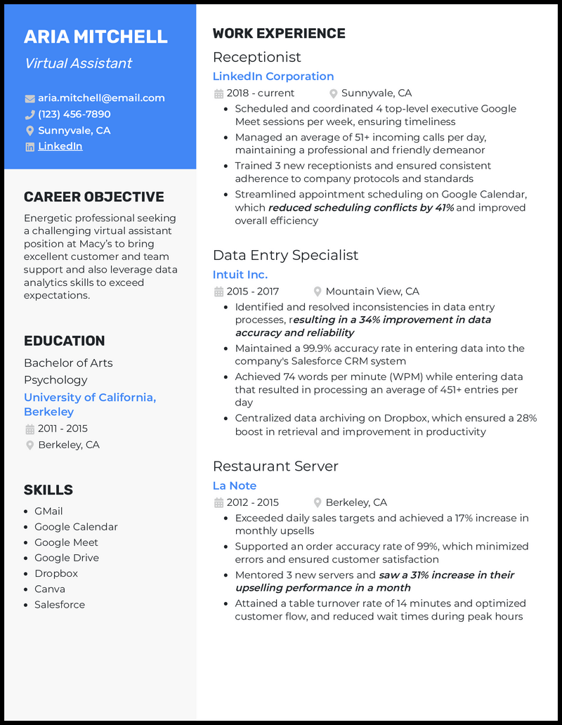 Virtual assistant no experience resume example with data entry experience