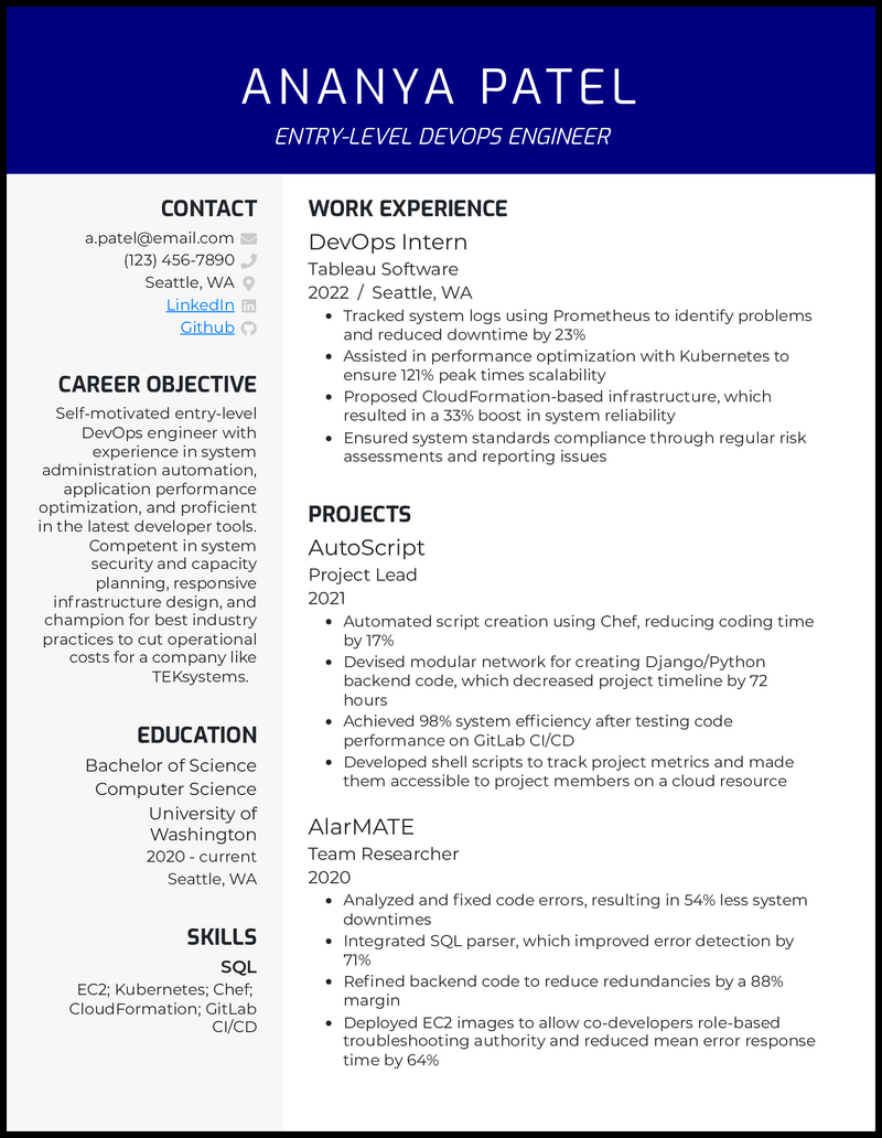 Entry level devops resume example with internship experience