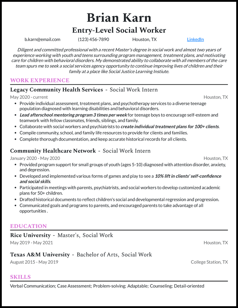 Entry-level social worker resume example with internship experience