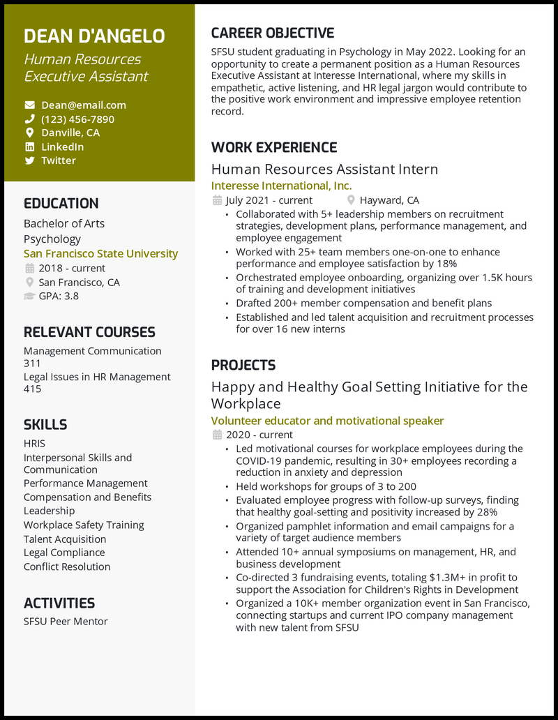 College student hr executive assistant resume example 