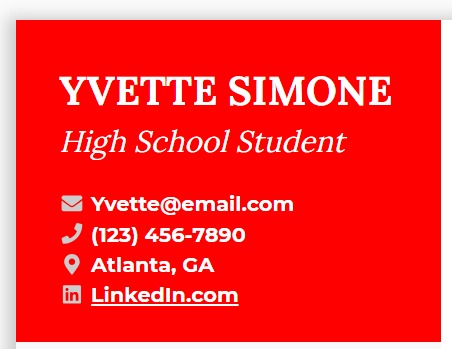 Example of how to include your name and contact information  on your high school student resume