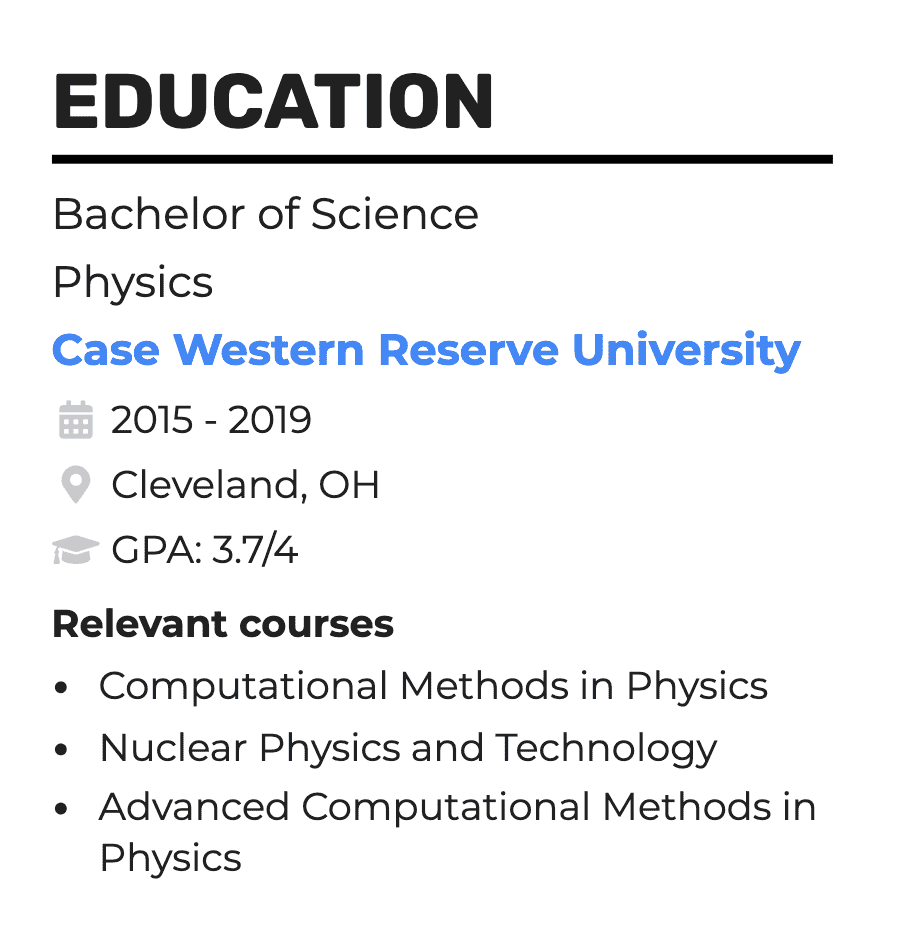 Example of an education section on tutor resume