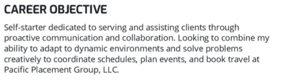 Example of a career objective for an entry-level personal assistant resume