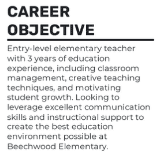Example of a career objective for an entry-level elementary teacher resume