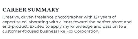 Example of a career summary for a freelance photographer resume