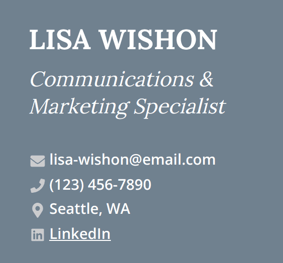 Example of a contact information section for a marketing communications specialist resume