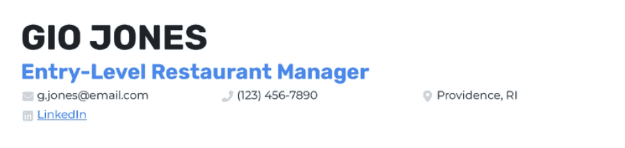example-of-a-contact-section-for-an-entry-level-restaurant-manager-resume How to display contact information on your entry-level restaurant manager resume