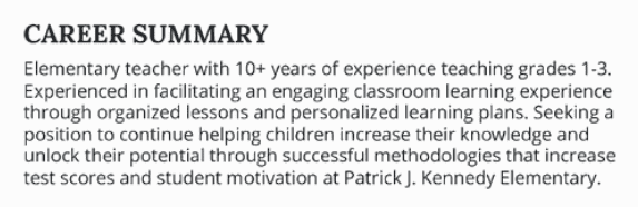 Example of a resume summary statement for an elementary teacher resume