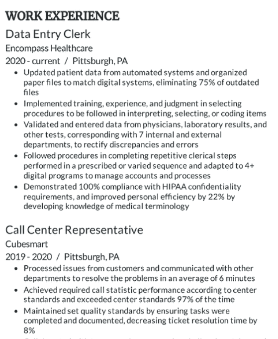 Example of work experience for an entry-level accounts payable resume