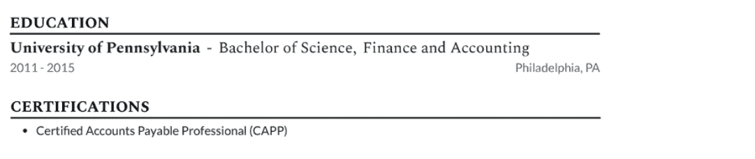 How to list your education and certifications in an accounts payable resume