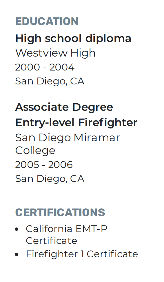 how-to-include-education-and-certifications-in-your-firefighter-resume How to include education and certifications in a firefighter resume