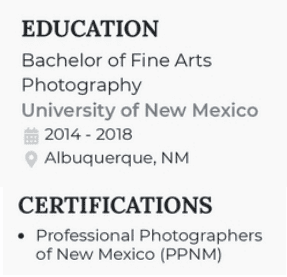 How to list education and certification in your photographer's resume