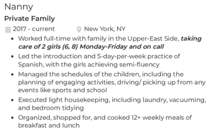 Example of how to showcase impact from past roles on a nanny resume