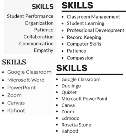 The set of skills for a teacher assistant