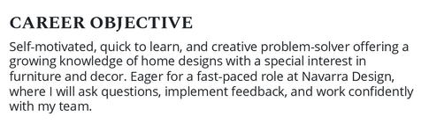 Entry-level interior design CV objective example