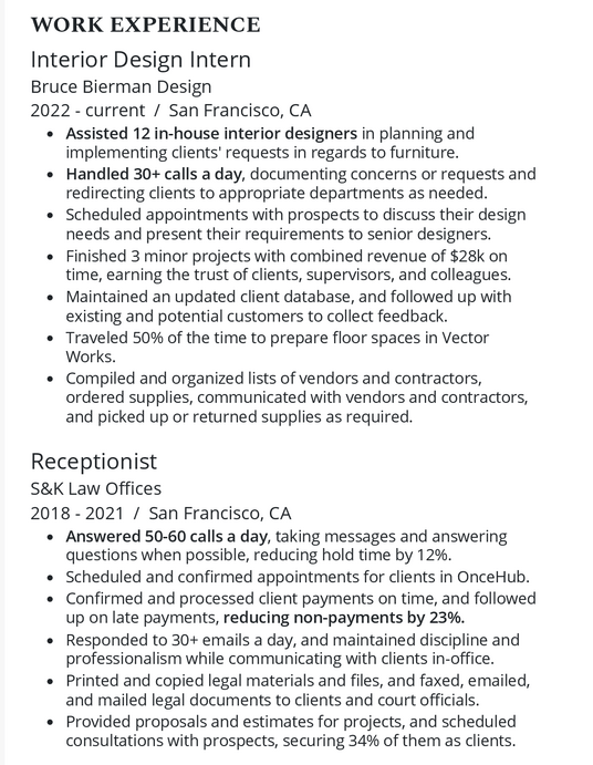 Example work experience for interior design no experience CV
