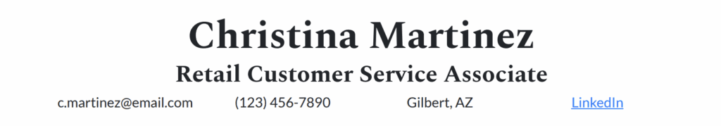 Example of a contact section for a retail customer service resume