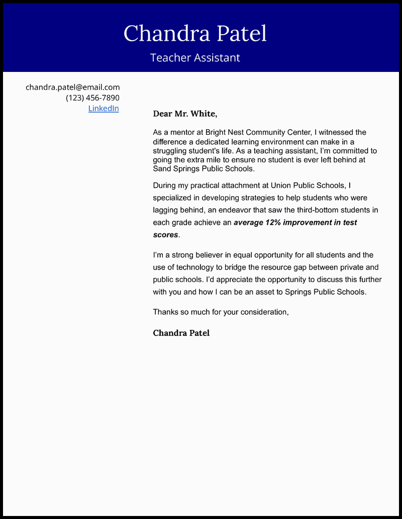 9 Teacher Assistant Cover Letter Examples