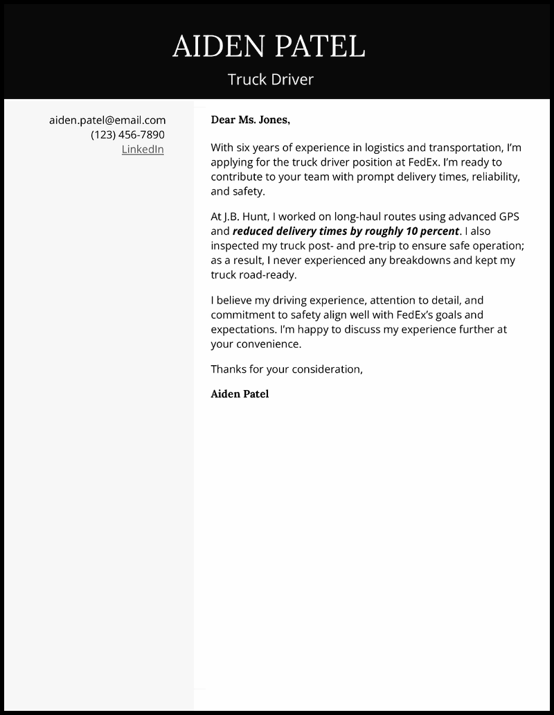 5 Truck Driver Cover Letter Examples